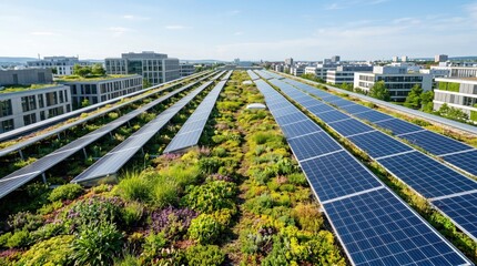 Fototapeta premium Aerial view of modern green roof with rows of solar panels and lush vegetation in urban city, sustainable energy concept.