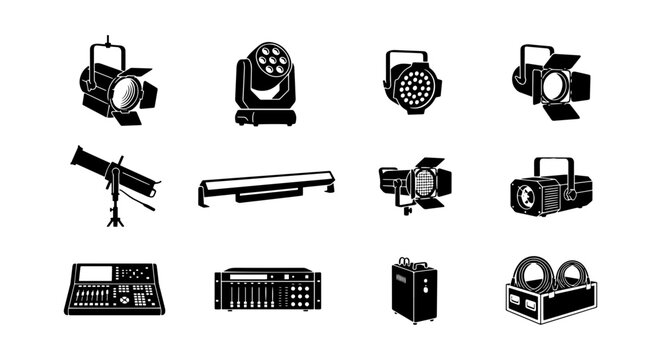 Stage Lighting Equipment Icons, Concert Lighting Gear Vector Set, Performance Lighting Technology Collection
