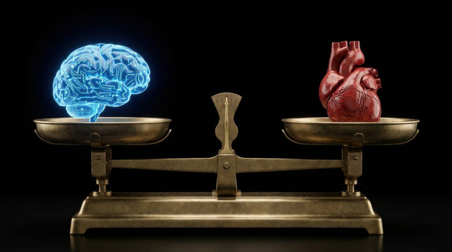 Artificial intelligence ethics and regulation balance brain and heart on vintage scale symbolizing thoughtful decision making