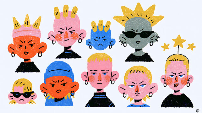 Collection of Animated Faces: A vibrant assortment of diverse animated faces, each expressing a distinct emotion through exaggerated features and bold colors.