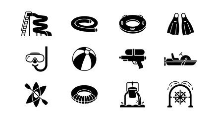 Summer Water Fun Icons, Aquatic Recreation Vector Set, Beach Holiday Activities Collection © mehrima