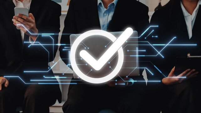 Business professionals engage in a meeting, leveraging technology with a laptop while a digital checkmark symbolizes success and efficiency in the modern workplace. Raster