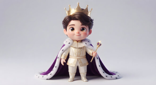 Adorable little king boy mascot in golden crown and purple royal robe holding sceptre, 3D rendering