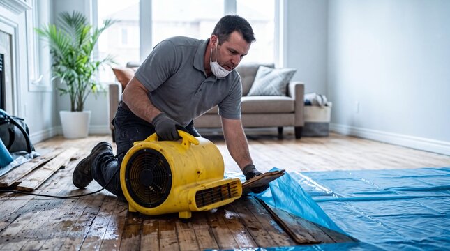 Technician inspecting water damaged wood floor with industrial drying fan.