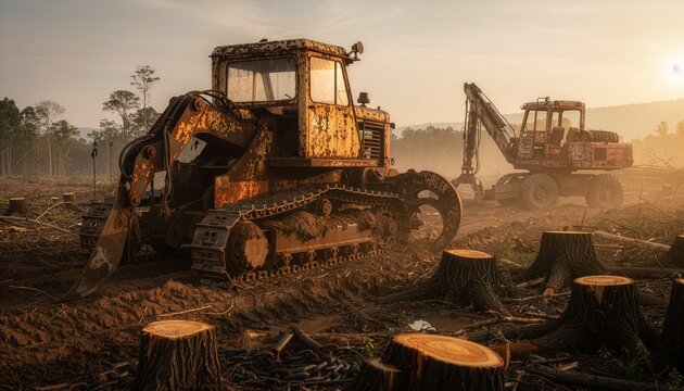 Old abandoned logging machinery left in a deforested area. suitable for forest conservation campaigns, anti-illegal logging posters, or environmental educational materials.