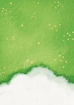 Calming Green Nature Watercolor Background with Soft Clouds, Natural Floral Field for outdoor landscape, wellness, farm, organic lifestyle and agriculture.