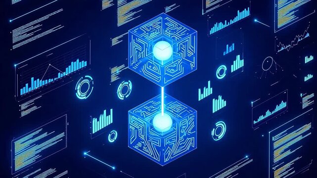 Futuristic Blockchain Data Visualization with Glowing Circuit Cubes and Real-Time Analytics Dashboard