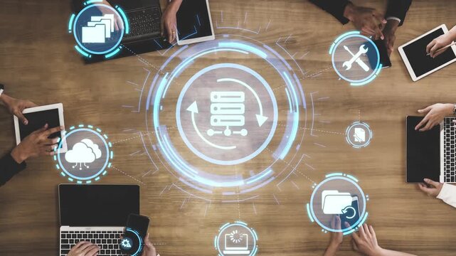 Data recovery icons show backup, data recovery process, and secure restoration. Data recovery ensures system reliability, data recovery protection, and information access. Funnel