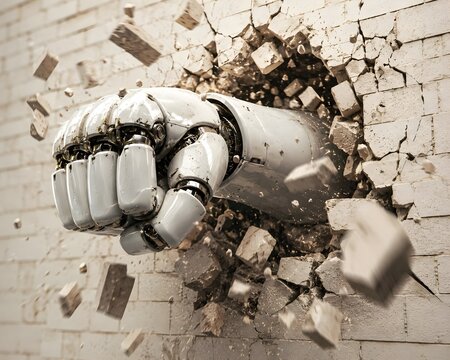 
White Robotic Hand Punching Through Cracked Brick Wall, Futuristic 3D Render with Flying Debris
