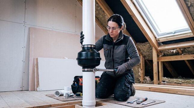 Female technician installing radon mitigation fan on PVC pipe in a home attic