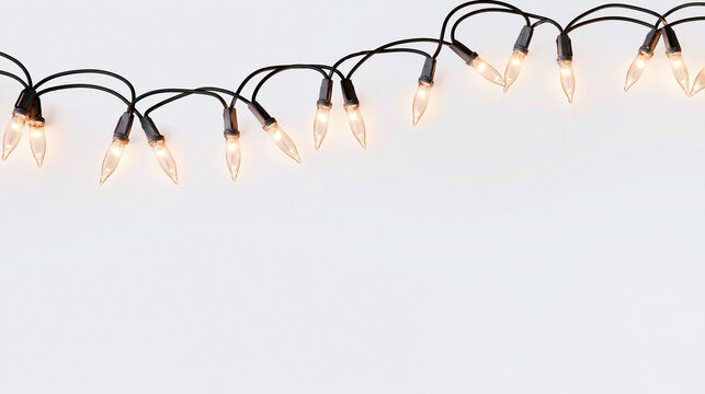 Christmas string lights glowing on white background