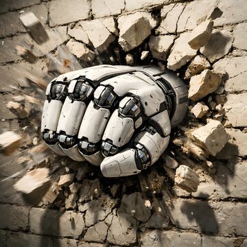 
White Robotic Hand Punching Through Cracked Brick Wall, Futuristic 3D Render with Flying Debris
