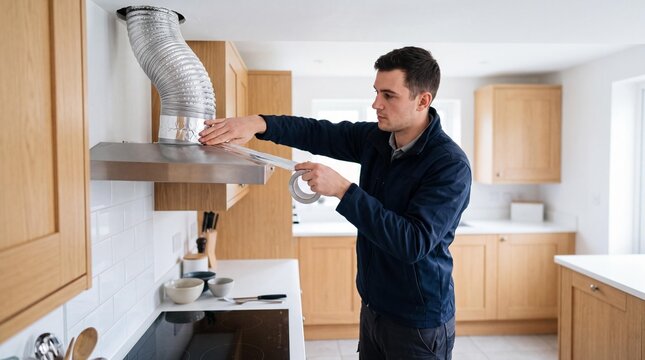 Professional fitter sealing a kitchen extractor duct with silver foil tape.