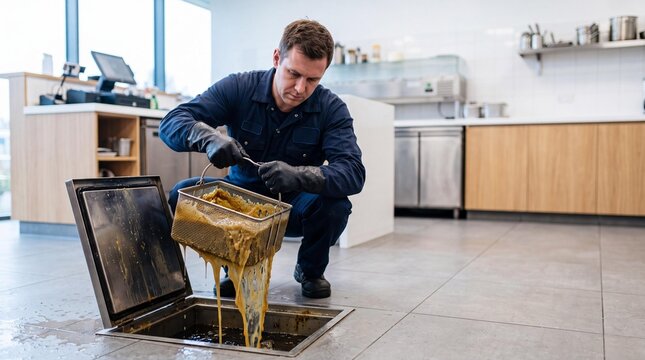 Plumber cleaning a grease trap in a commercial kitchen, lifting waste basket