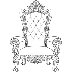 Obraz premium Ornate throne illustration; high-backed chair with tufted seat and decorative, swirling trim