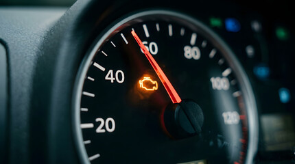 Fototapeta premium Close-up of car speedometer showing 0 mph with glowing orange check engine light on dashboard