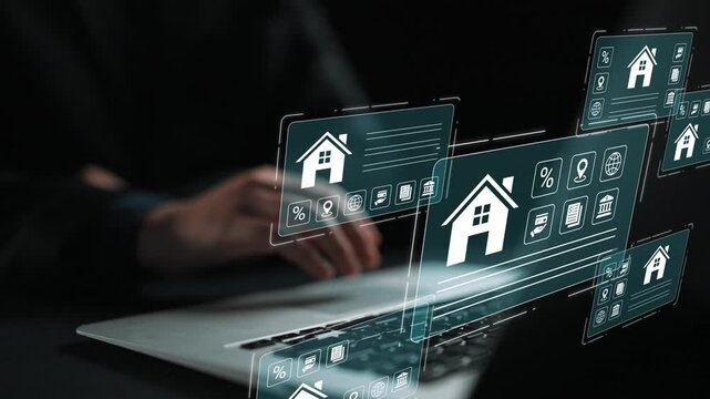 Digital Real Estate Concept with Modern Technology and Icons Representing Home Ownership, Investment, and Online Property Management Gluon.
