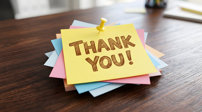 Yellow thank you note pinned atop colorful sticky notes on a dark wooden table surface, gratitude
