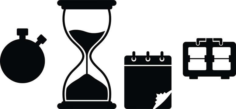 Time management and productivity schedule planning black silhouette icons vector collection featuring classic stopwatch hourglass sand timer torn page calendar and flip clock display.