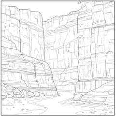 Fototapeta premium Canyon Walls Detailed rock layers form the sides of a deep, textured canyon in line art