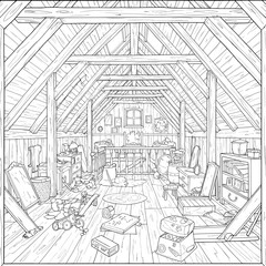 Detailed attic illustration with wooden beams, window, and various furniture items © Abde