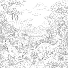 Fototapeta premium Prehistoric landscape with towering trees and dinosaur outlines