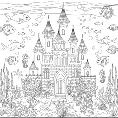 Fototapeta premium Underwater kingdom with castle, fish, seahorse, starfish, bubbles, & ocean in a black & white drawing