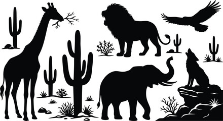 Wild animals and desert safari vector silhouette set featuring giraffe lion elephant eagle wolf cactus and desert nature elements on white background © MAHIYA AKTER
