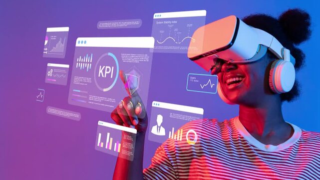Excited woman wearing virtual reality headset engaging with digital data visualizations and graphics for technology and innovation concept Gluon.