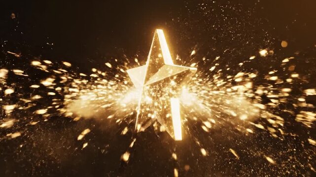 Glowing golden star rotating in shimmering magical dust for achievement and celebration