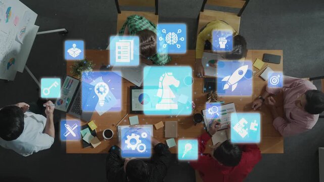Innovation icons show creativity, teamwork, and project development. Innovation helps organizations design solutions, build strategy, and grow with new business opportunities. Funnel