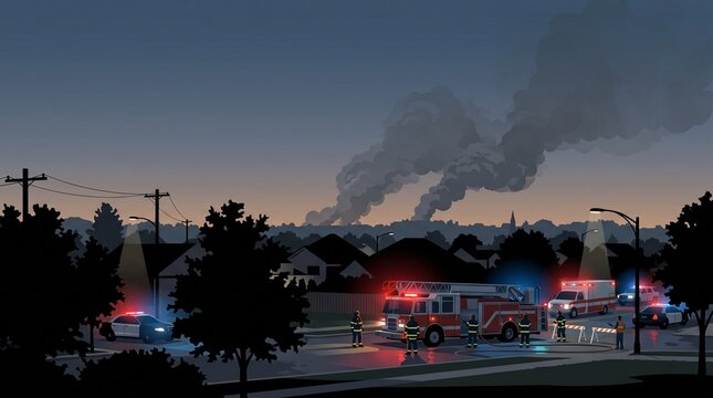 Emergency first responders with fire truck police cars and ambulance at night flat vector illustration