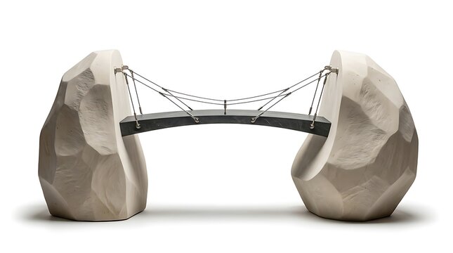 A miniature suspension bridge model with a dark grey deck supported by two large, carved, light-colored stone boulders, isolated on white