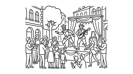Obraz premium Modern Black and White Line Drawing of Community Gathering with Street Performers and Musician Entertaining Crowd