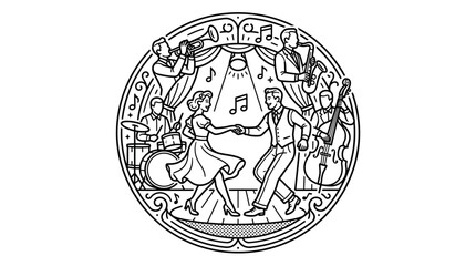 Modern Black and White Line Drawing of Jazz Band and Dancing Couple in Circular Composition with high quality professional line art symbols for modern creative design and digital branding projects © mulyadi
