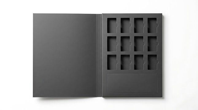 An open dark grey presentation folder with a dedicated insert tray featuring twelve rectangular slots for small on a white background