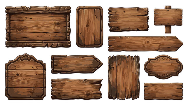 Rustic wooden sign collection, vintage wood planks and banners set, 11 dark timber boards for game UI and western decor, weathered brown wood vector