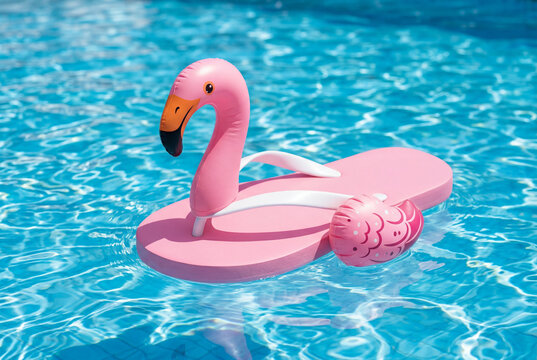 Pink flamingo inflatable flip flop float floating in blue pool