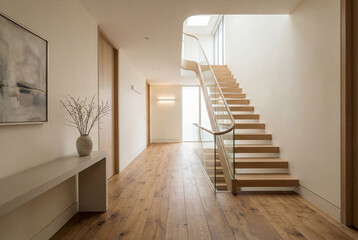 Naklejka premium Modern hallway interior with wooden floor and staircase with glass railing