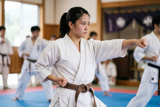 Young female karate student with brown belt practicing a punch technique in a dojo