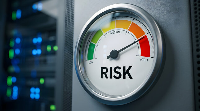 Risk gauge on server rack showing needle in medium range with low to high colored scale, meter