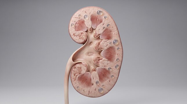 Chronic Kidney Disease: 3D Medical Render of a Human Kidney in Cross Section