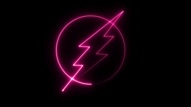 Neon pink lightning bolt inside circle glowing animation on black background, electric energy symbol for digital motion and tech branding