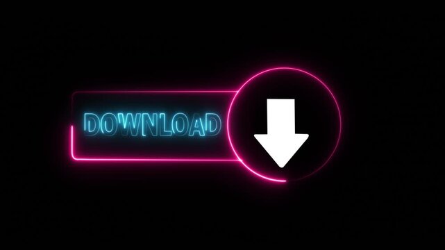 Neon download button animation with glowing pink and blue light effects for digital interface and web ui