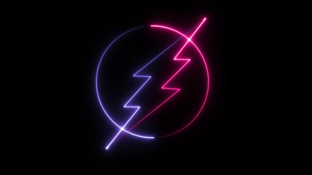 Neon lightning bolt circle animation, glowing pink and blue electric power symbol on black background, for modern tech, and gaming motion
