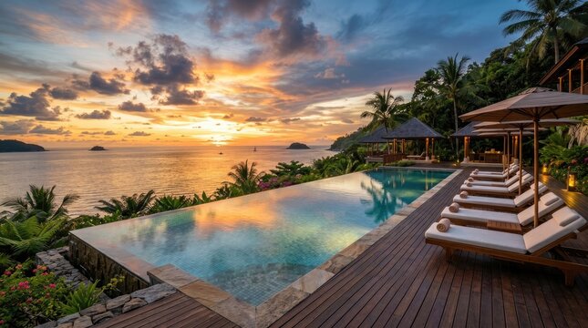 A luxurious infinity pool overlooks a stunning tropical coastline at sunset. Several lounge chairs are arranged along a wooden deck, offering guests a serene view.