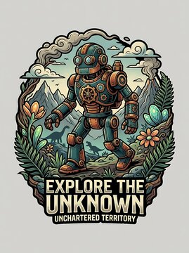 Steampunk robot exploring a prehistoric dinosaur landscape