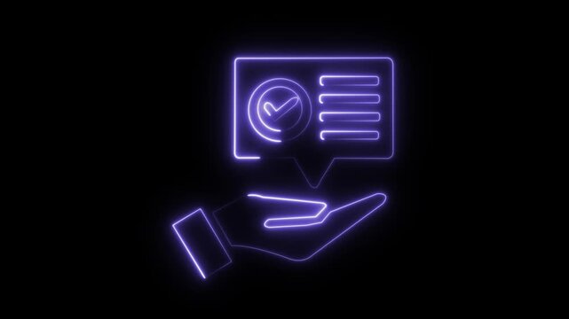 Neon hand holding checkmark task list digital approval and success concept, glowing ui for business productivity and task management animation