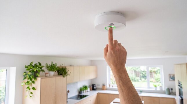Person pressing the test button of a smart smoke detector on a home ceiling