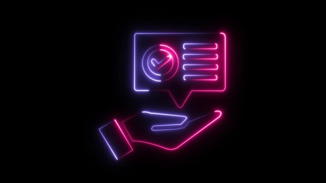 Neon hand holding approved checklist glowing digital task completion symbol for business success and assurance animation